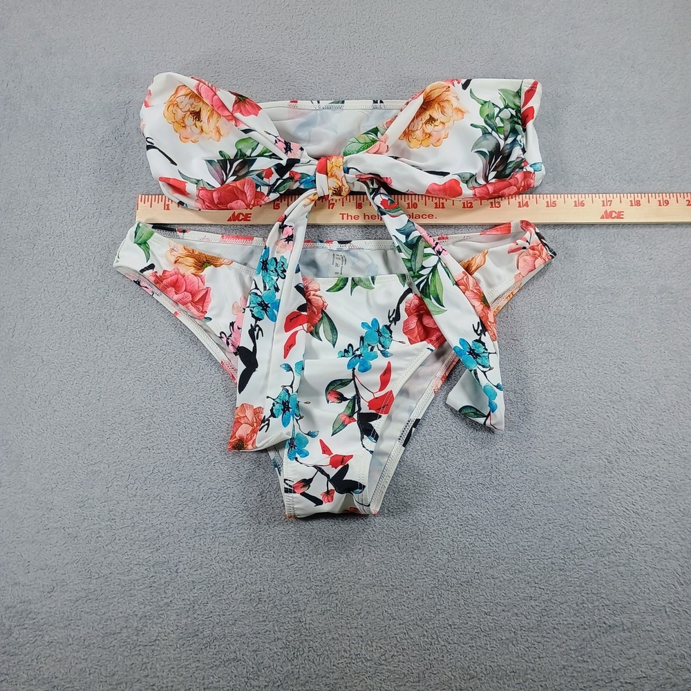 Unbranded Womens Floral‎ Bandeau Bikini Set White XL Tie Front Swimsuit